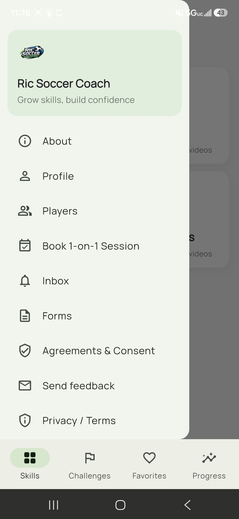 Ric Soccer Coach app menu